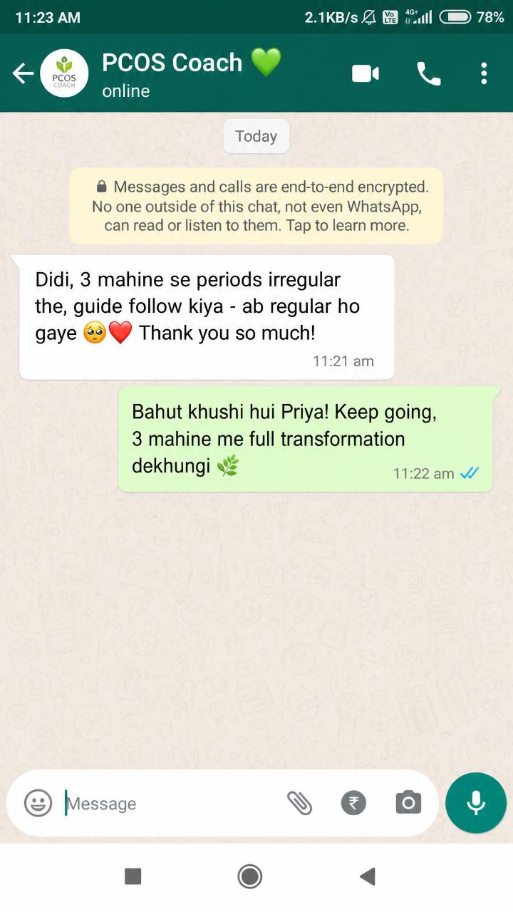 WhatsApp screenshot — Priya from Delhi: PCOS periods regular after following diet guide