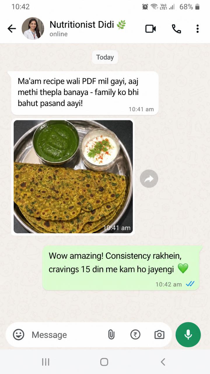 WhatsApp screenshot — recipe feedback with methi thepla from Indian PCOS eBook user