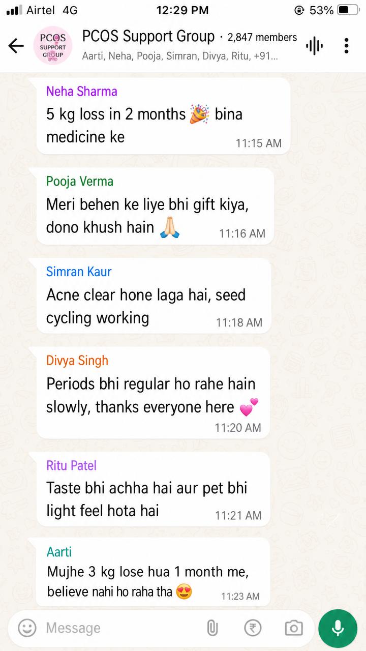WhatsApp screenshot — PCOS support group chat with multiple Indian women weight loss testimonials