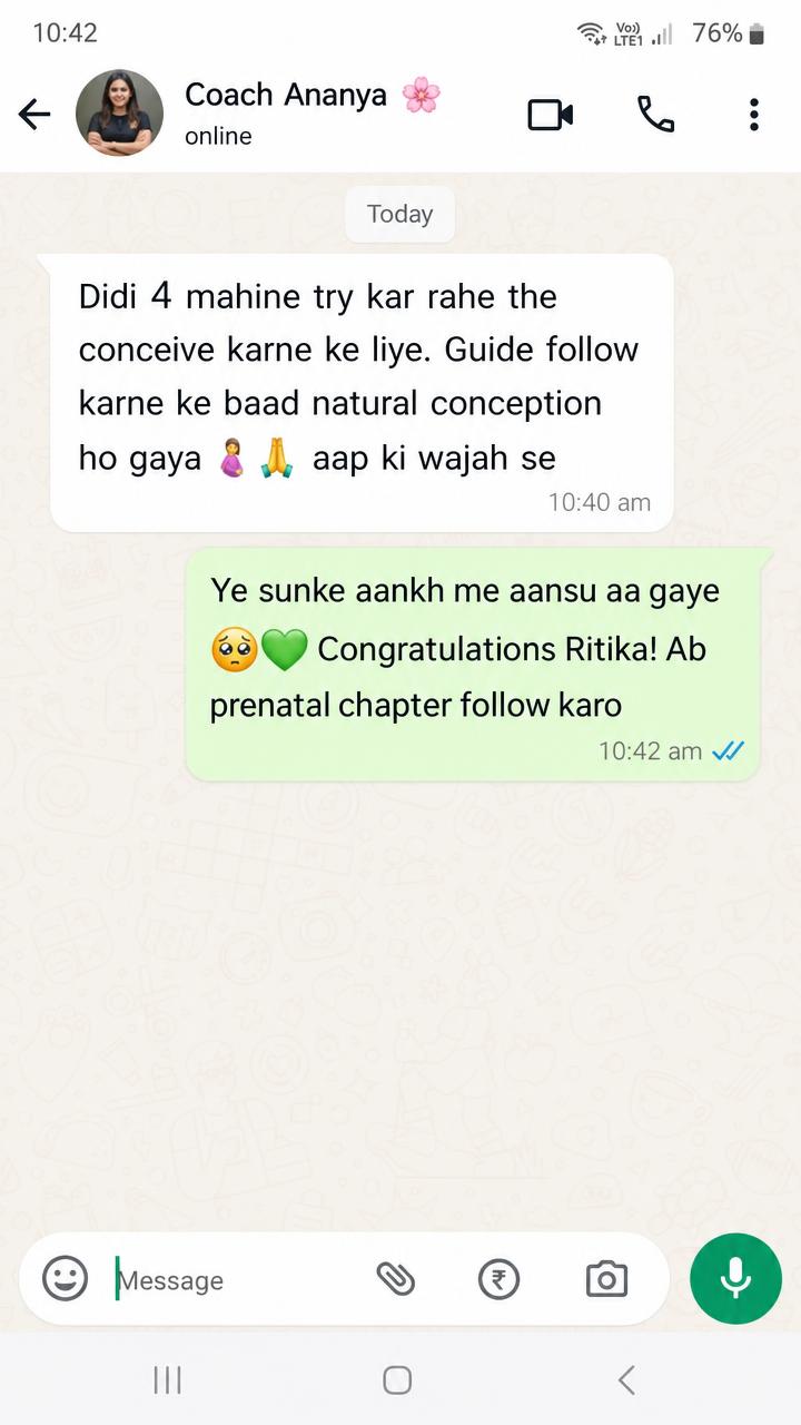 WhatsApp screenshot — Ritika natural conception after 4 months of PCOS diet guide