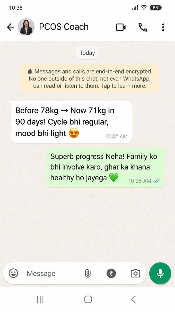 WhatsApp screenshot — Neha 7kg weight loss in 90 days with PCOS meal plan