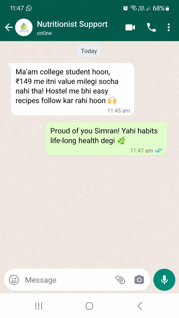 WhatsApp screenshot — college student PCOS diet plan hostel meals success